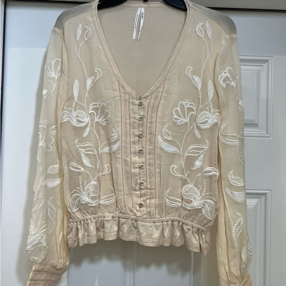 Anthropology Women Top Beige Embroidery Cropped Boho Peasants Cottage Core Sz S